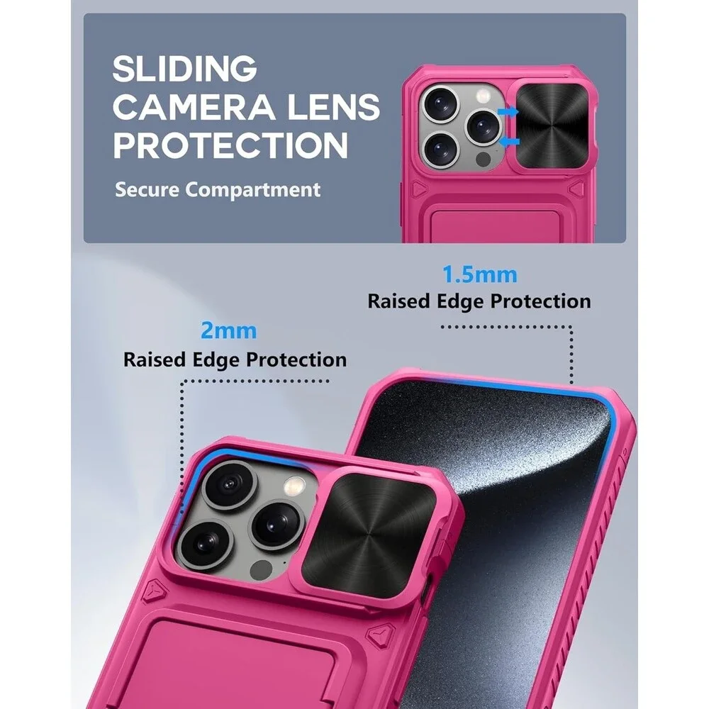 iPhone 15 Pro Max Wallet Case - Sliding Camera Cover - Military Grade - Hot Pink